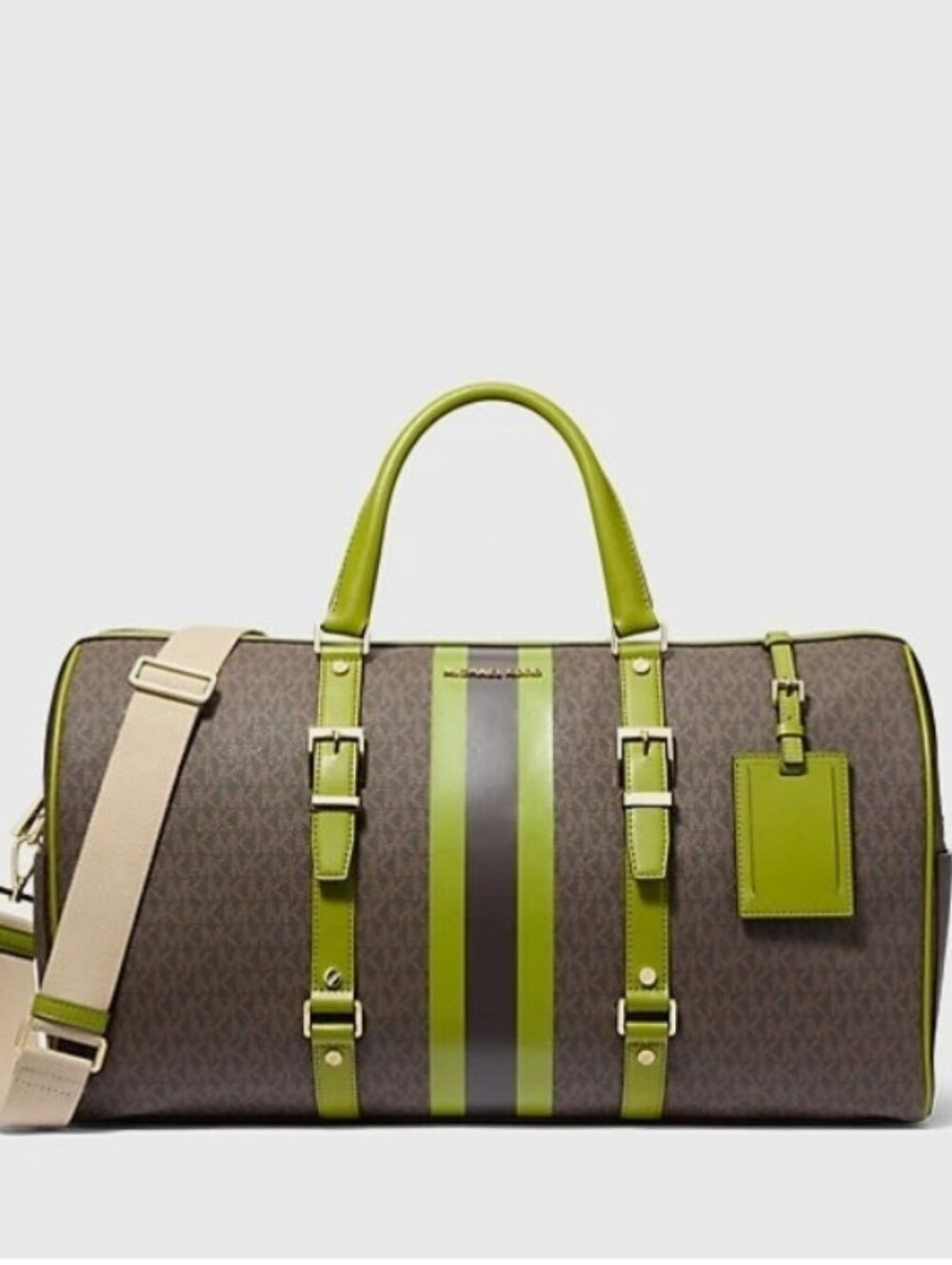 Michael Kors Bedford Signature Logo Stripe Weekender Bag in Green/Brown - Picture 1 of 5